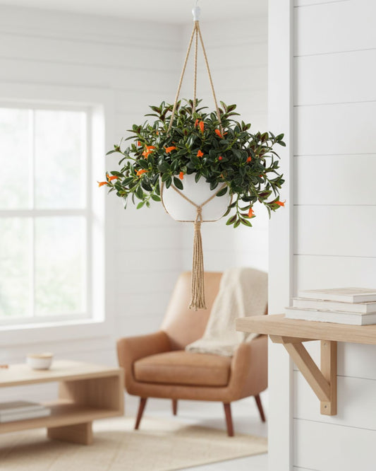 Top-down view of a vibrant Goldfish Plant (Columnea Hirta) in a 3.5 to 4-inch terracotta pot, showcasing its lush green foliage and small orange, fish-shaped blooms.