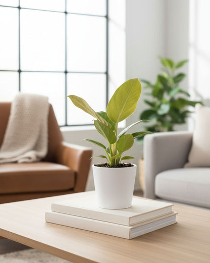 Anthurium Jenmanii Gold plant in a white pot, showcasing in living room