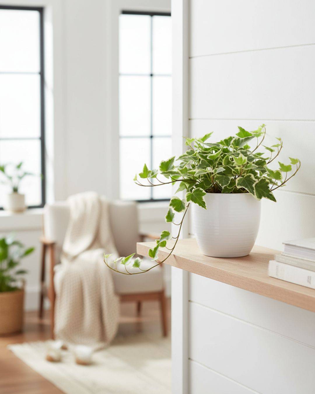 English Ivy Variegated plant elegantly trailing from a decorative pot on a shelf in a bright living room