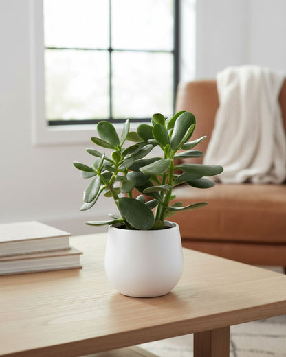 Jade Plant in a small 4-inch decorative pot, healthy green leaves symbolizing good luck and prosperity, perfect indoor succulent for home or office décor. Buy Jade Plant online from MyGreenScape for easy care and lasting beauty.
