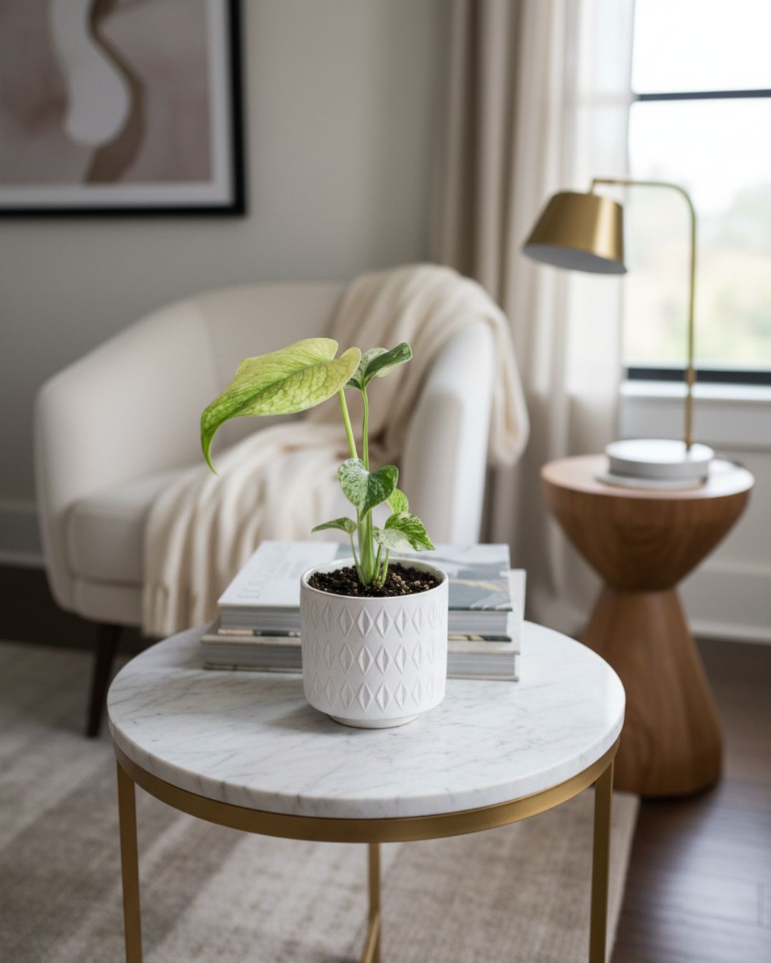 Monstera 'White Monster' displayed in a modern, light-filled living room. The large, white and green variegated leaves provide an architectural and luxurious focal point next to a sofa.