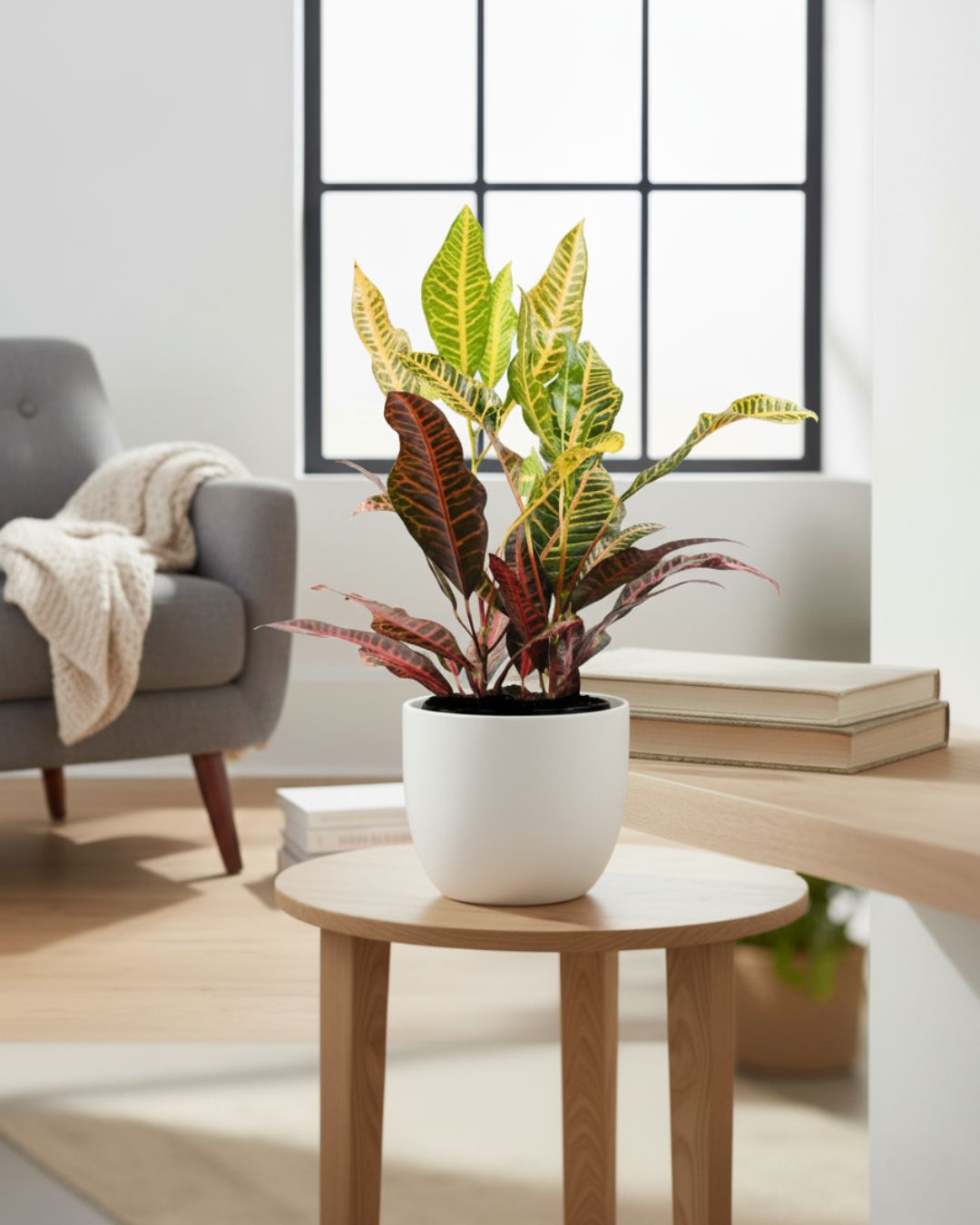 Croton Petra houseplant styled in a modern living room