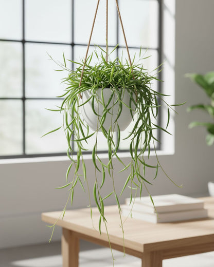 String of Needles plant cascading from a decorative hanging pot on a bright, modern living room.