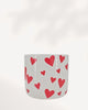 You & Me Hearts Planter front view, glossy white ceramic planter with vibrant red heart pattern, 3.5 inch indoor plant pot, romantic decorative flower pot for succulents, hoyas and tropical houseplants, Valentine's Day gift planter for plant lovers